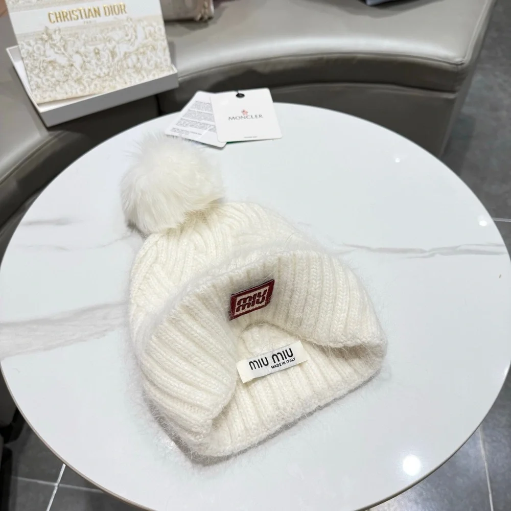 Miu Miu Off-White Knit Pom Beanie with Red Logo Patch